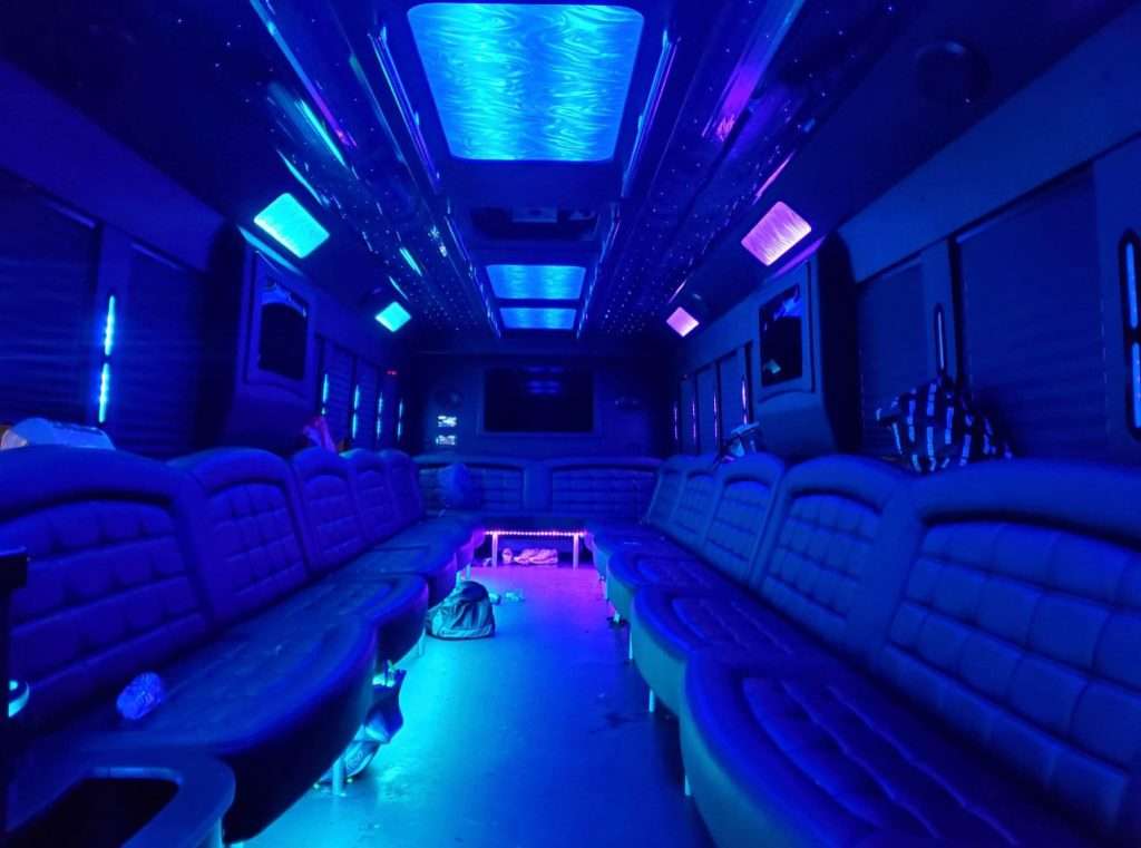 45-passenger party bus interior with LED lights