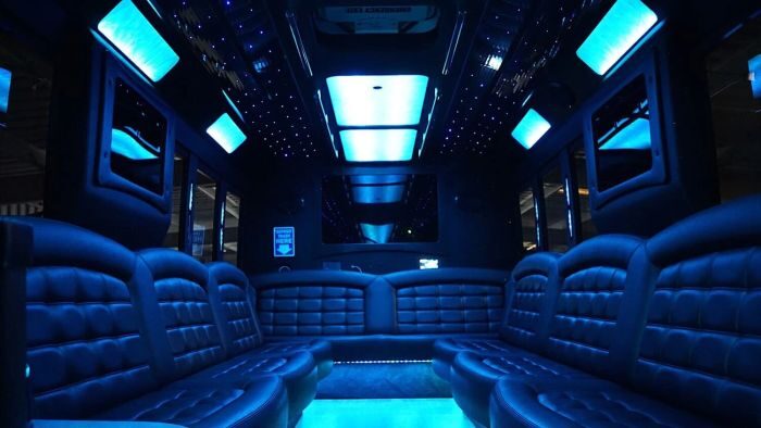 Wraparound seating and blue LED lights – Loveland limo service